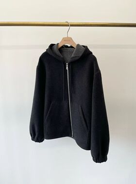 高端女装秋冬新款90羊毛10羊绒连帽双面呢短款宽松呢子外套女