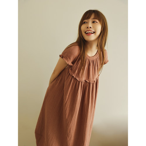 MollyRosa古典砖红格坎肩裙纯棉色织提花双层纱睡裙春秋连衣裙新