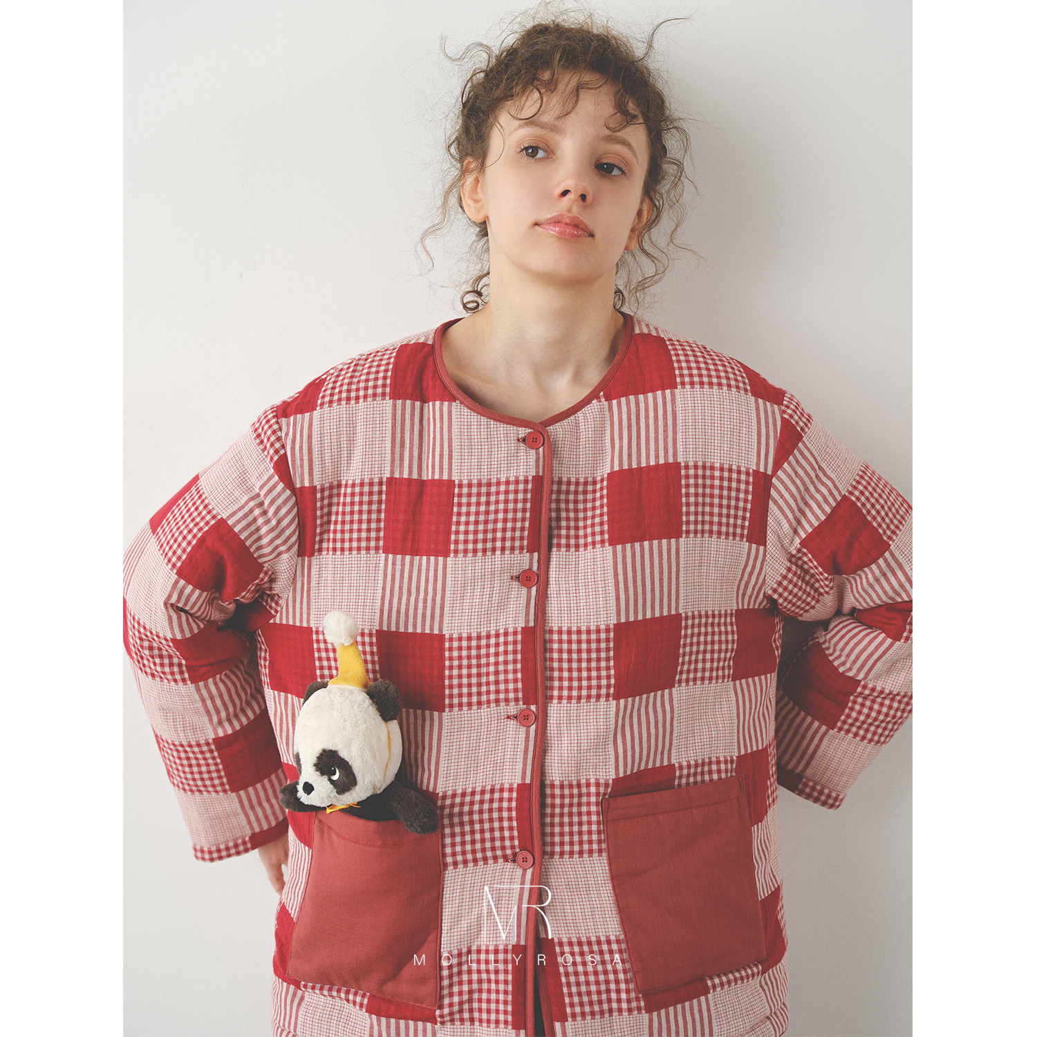 莓果红格三层夹棉加厚复古家居服