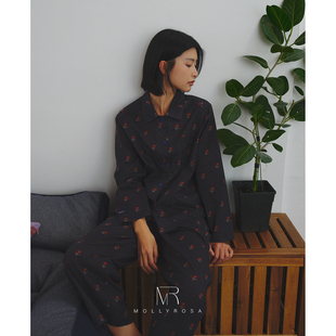 MOLLYROSA晚风织梦60支纯棉复古碎花深色系睡衣套装家居服三件套