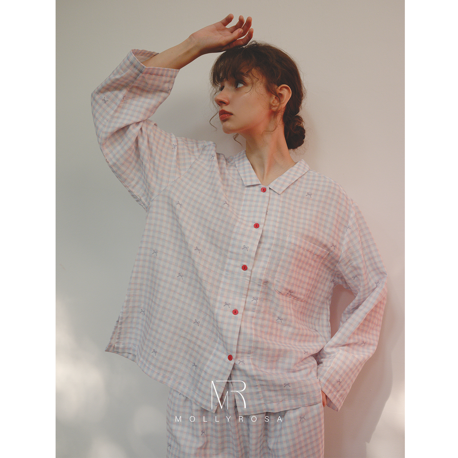 MollyRosa格纹蝴蝶结|韩系纯棉翻领长袖睡衣简约风家居服套装秋季