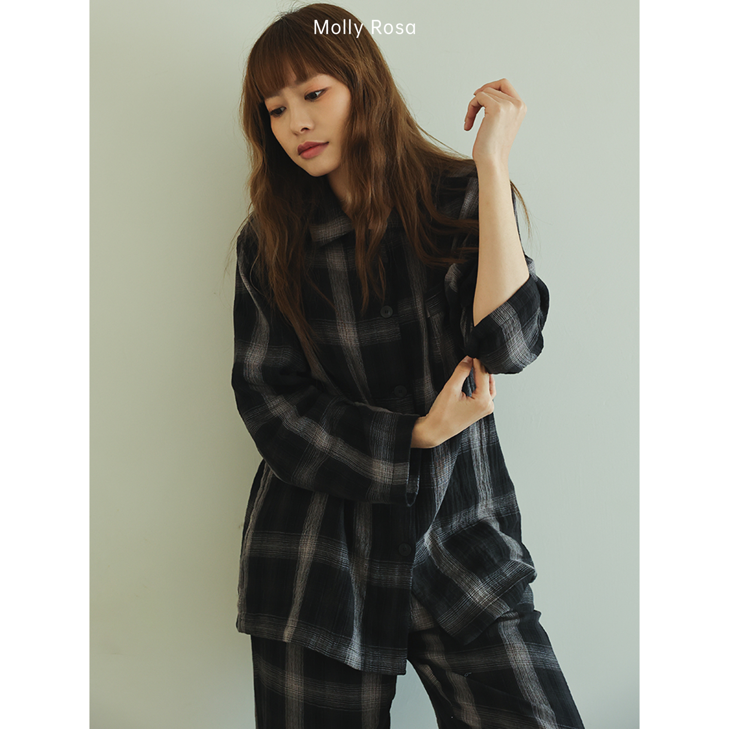 MollyRosa时尚黑白格纹|纯棉色织纱长袖睡衣家居服套装早秋开衫新