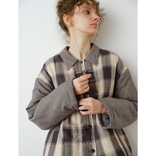 MOLLYROSA格纹间·中式盘扣国风棉麻睡衣夹棉保暖家居外穿棉服冬
