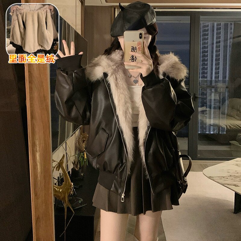 宽松大毛领咖色座山雕皮衣女棉袄