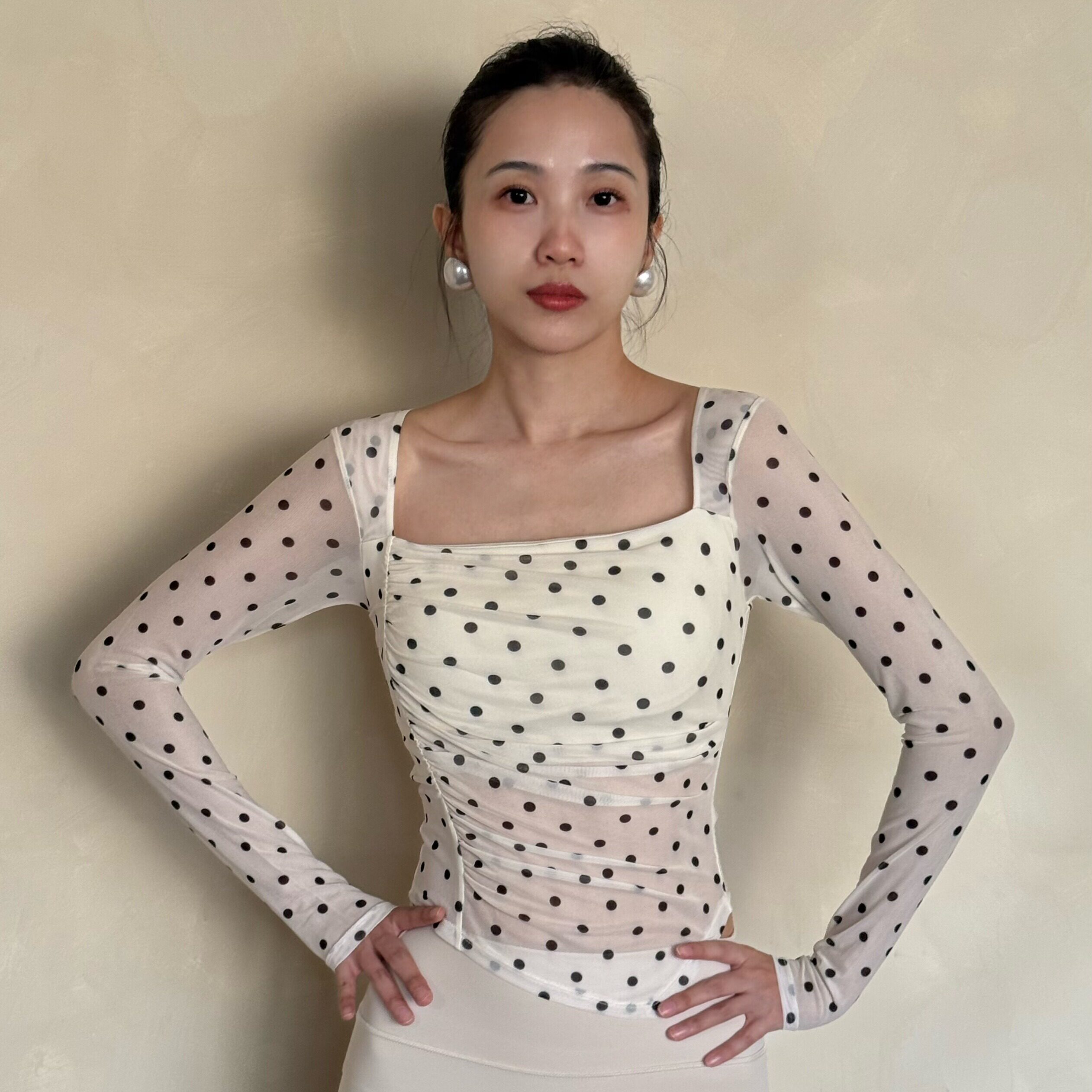 kokoyaya女士波点长袖上衣百搭高级感舞蹈普拉提带胸垫运动瑜伽服