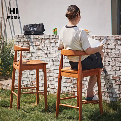 全实木樱桃木高脚凳靠背吧台椅