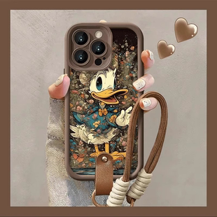 涂鸦唐老鸭适用苹果17promax手机壳iPhone16promax保护套15复古14p咖色小羊皮13美拉德11腕带挂绳12秋防摔女
