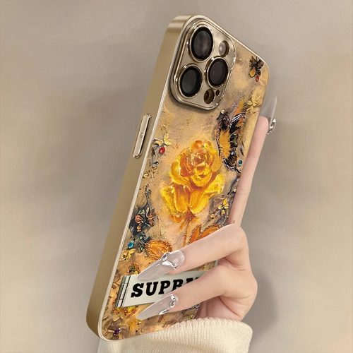 适用苹果电镀油画黄玫瑰