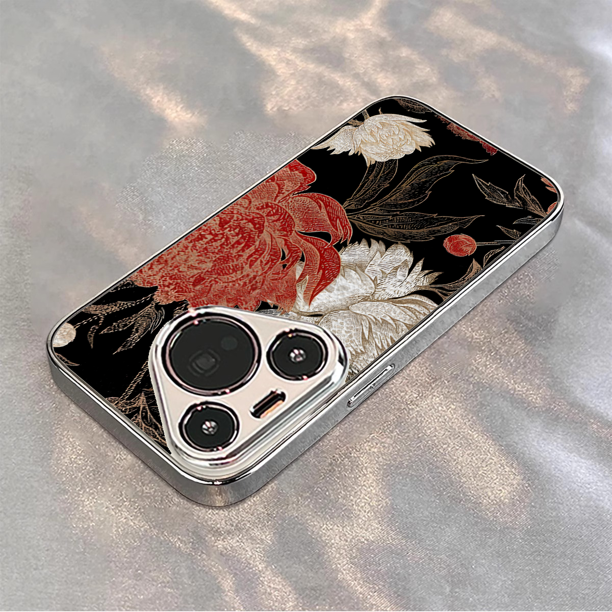 适用华为pura电镀黑底红白菊