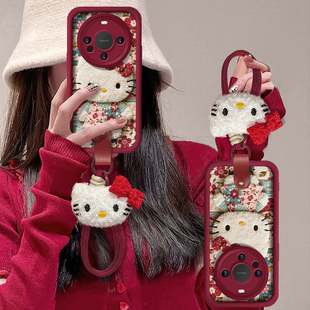 适用华为mate80pro手机壳70红色2026新年女款 30pro碎花kt猫挂绳pura80小众高级感羊皮p50磨砂防摔套 mate60