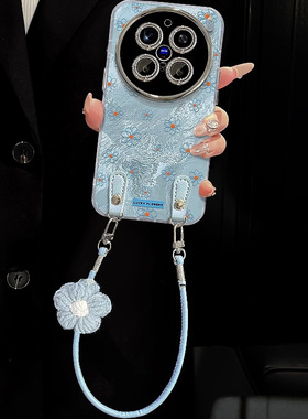 适用vivox200pro手机壳夏天新女款x100/90蓝色花花挂绳s20/19pro锡纸冰川纹s30全包镜头膜s18/17/16高级感