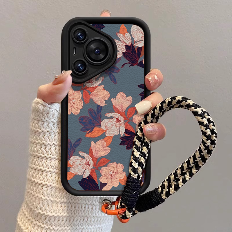 适用华为pura硅胶灰蓝油画花朵