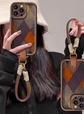 复古菱格适用苹果17promax手机壳iPhone16promax保护套复古15/14小羊皮13pro秋冬11带挂绳12全包xs/r防摔7p女