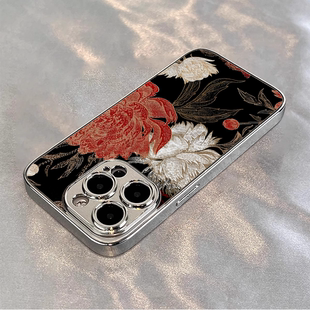 iPhone15pro电镀小羊皮高级感全包11防摔12男女14plus 黑底红白菊适用苹果16promax手机壳春夏新款 13小清新