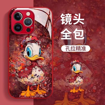 适用苹果16钢化玻璃繁花唐老鸭