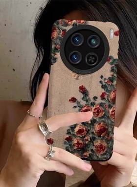 油画玫瑰适用vivox300pro手机壳x200新款x100复古x90小羊皮全包s3020高级感防摔x60艺术女iqoo小众neo9保护套