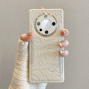 适用华为mate60pro手机壳新款 p30pro魅特p60网红5G 山茶花高级感金属镜头pura70Ultra高档皮质保护套5040e女款