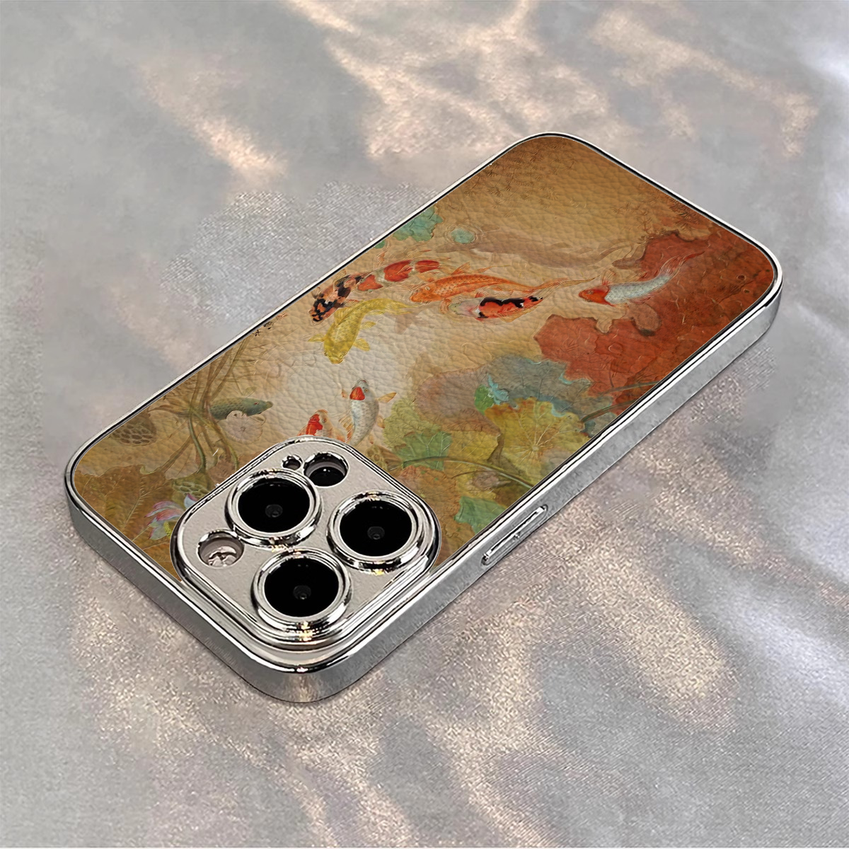 荷塘鲤鱼适用苹果16promax手机壳春夏新款iPhone15pro电镀小羊皮高级感全包11防摔12男女14plus/13小清新,3C数码配件,手机保护套/壳,淘宝优惠券,粉丝福利购,淘宝优惠卷