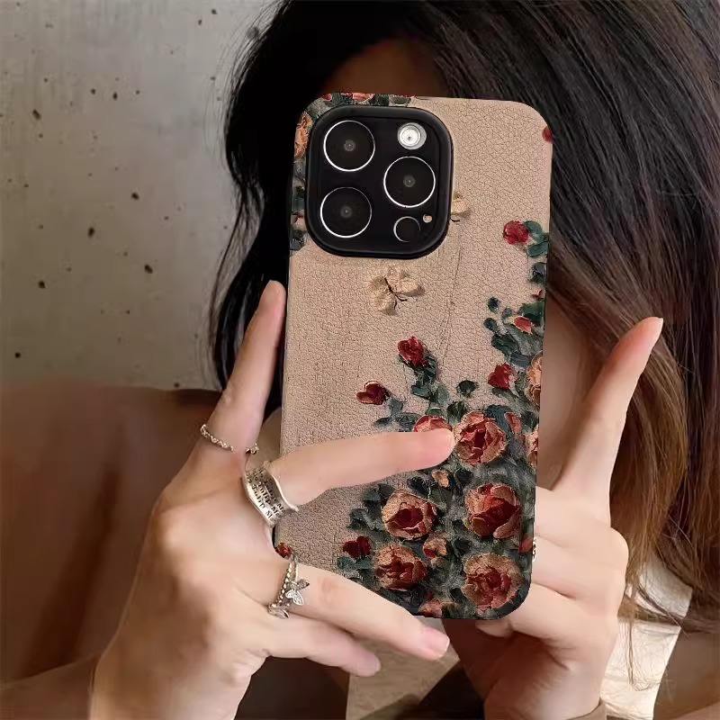 适用苹果小羊皮复古油画玫瑰