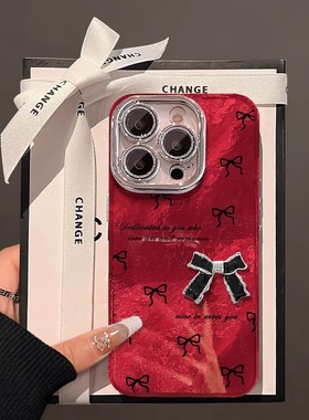 适用苹果16手机壳红色2025本命年新女款苹果15promax黑色蝴蝶结公仔Phone14p全包13镜头膜11锡纸冰川纹12防摔