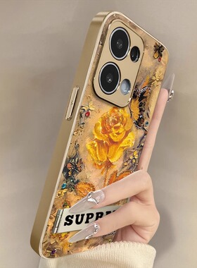 油画黄玫瑰适用opporeno14pro手机壳13/12pro新款11pro创意10奢华9高级8全包7电镀防摔5支架网红小羊皮女6