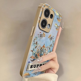 敦煌鎏金莲花适用于opporeno14手机壳13pro新款 12pro小羊皮11国潮10高级8艺术7pro男女9支架findX8S电镀6pro