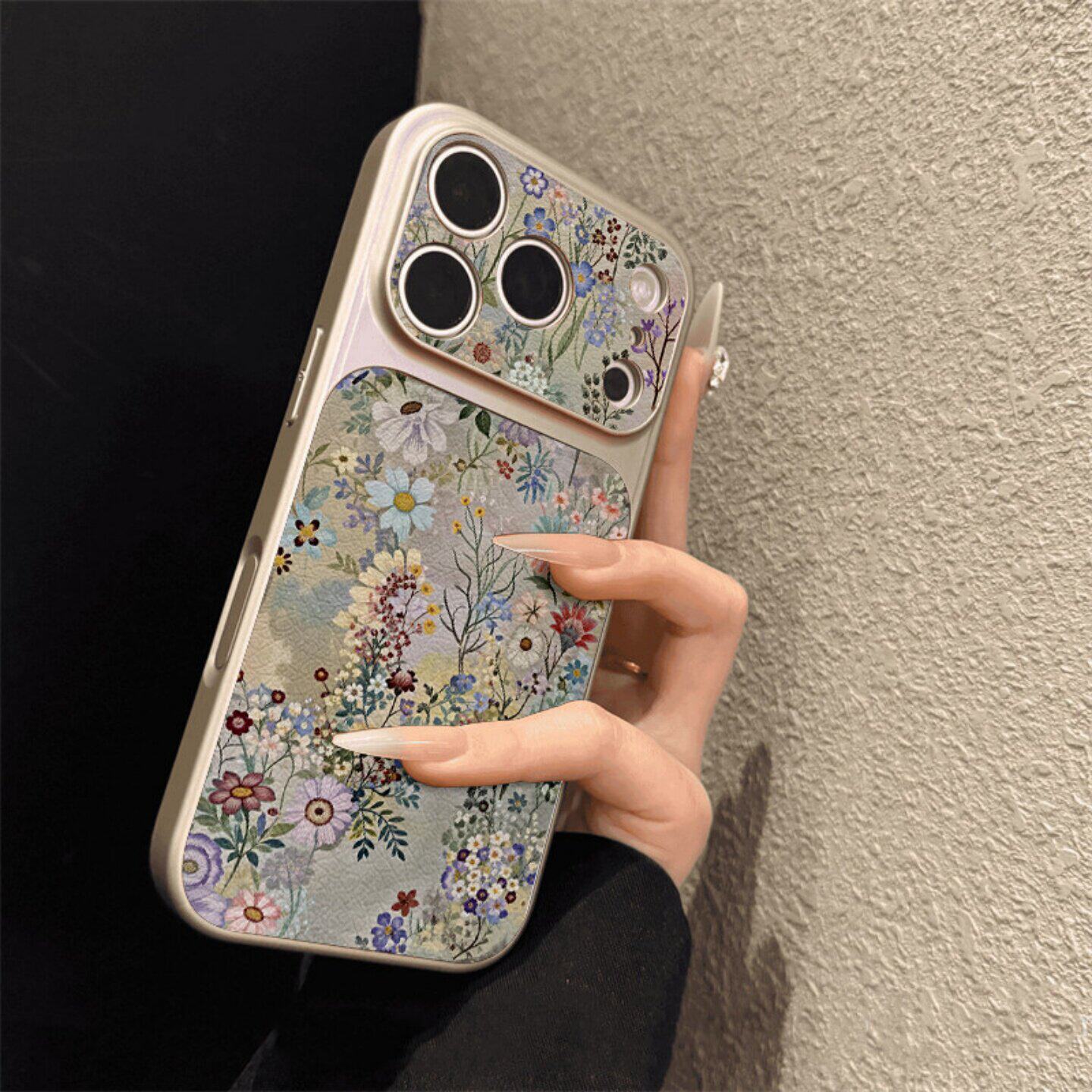 复古满屏花卉适用苹果17promax手机壳小清新iPhone16pro轻奢15plus防摔14时尚素皮13pro女ins17AIR全包保护套