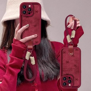 酒红色iphone15pro小羊皮14plus带挂绳13全包防摔12女款 满屏蝴蝶结适用苹果16promax手机壳新款 11轻奢高级感