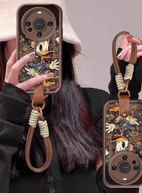 涂鸦唐老鸭适用华为mate80pro手机壳70新款m50腕带m40美拉德nova14/11硅胶p80咖色小羊皮p70p挂绳50全包防摔