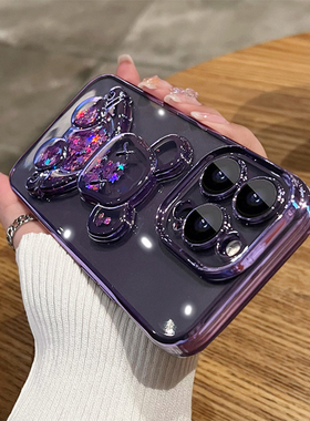 适用iPhone14promax手机壳流沙闪粉暴力熊苹果15pro新款女款plus自带镜头膜套ip15pm高档13por网红爆款12潮牌