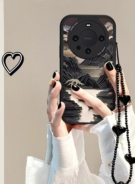 轻舟过山适用华为mate60pro+手机壳新款女pura70Ultra轻奢荣耀10090挂绳50复古高级小羊皮防摔套nova1211手链