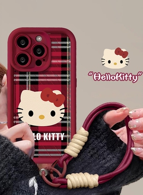 HelloKitty适用苹果17promax手机壳16秋冬新款iphone15硅胶软壳14可爱卡通13全包防摔12格纹带挂绳酒红色plus