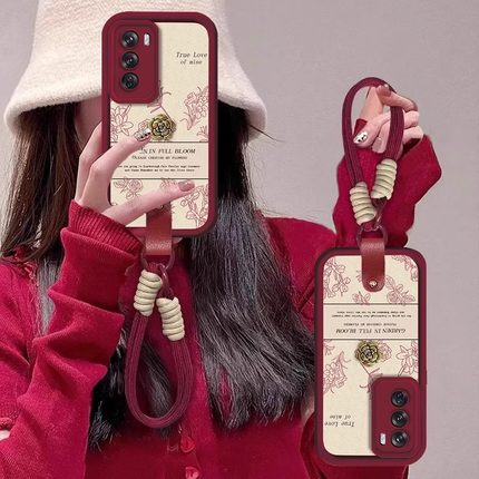 线条山茶花适用opporeno14手机壳2025女新款reno12/13保护套10带挂绳9红色小羊皮8复古findx8软7硅胶全包防摔