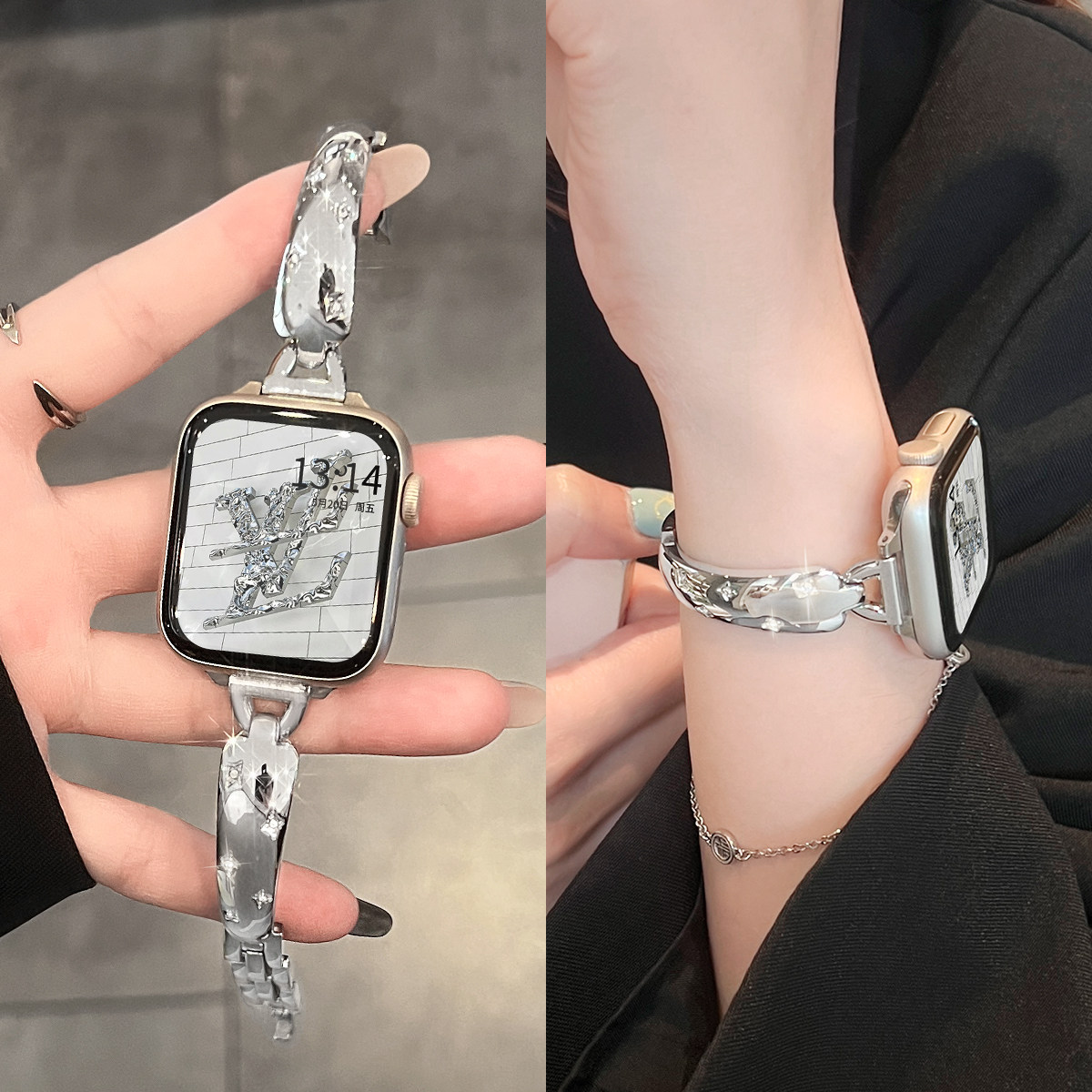 适用iwatchs11手表带金属applewatchs10苹果夏季新品s9女生韩系表链8夏天透气腕带se老钱风7女款高级感手链款