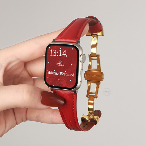 学长家真皮蝴蝶扣表带高级感红色