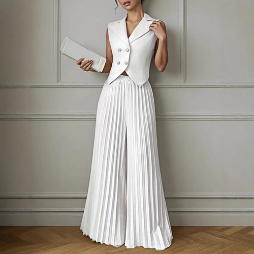 翻领马甲百褶阔腿裤套装Collar vest pleated wide leg pants set