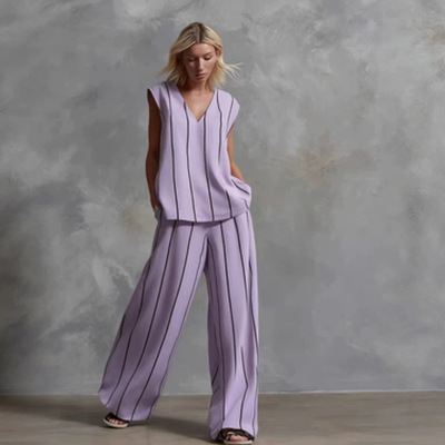 Striped V-neck top wide leg pants set条纹V领上衣阔腿裤套装
