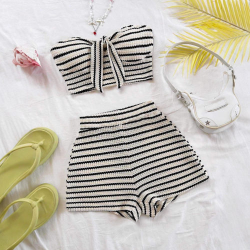 Striped strapless slim fit shorts set 条纹抹胸修身短裤套装