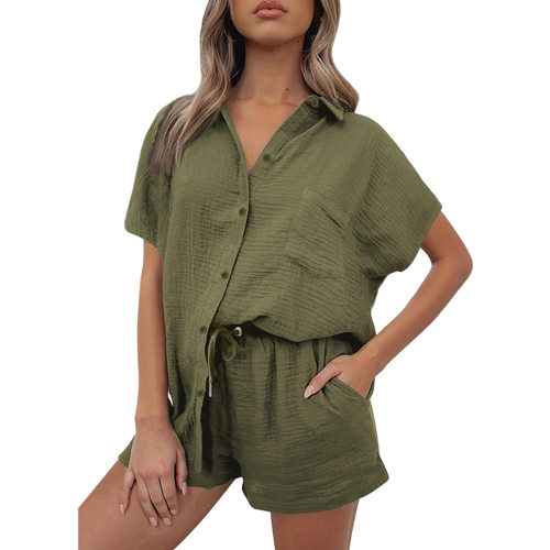 Pocket casual collar shirt short set口袋休闲翻领衬衫短裤套装