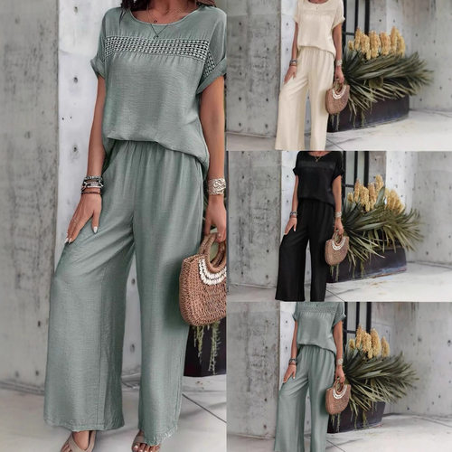 圆领宽松上衣纯色长裤套装 Round neck loose top and pants set