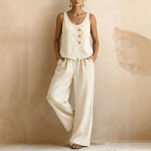 宽松纽扣背心阔腿裤套装Loose button vest wide leg pants set