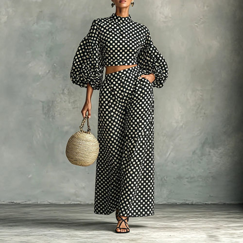 Wave Point Top Wide Leg Pants Set    波点上衣阔腿裤套装女