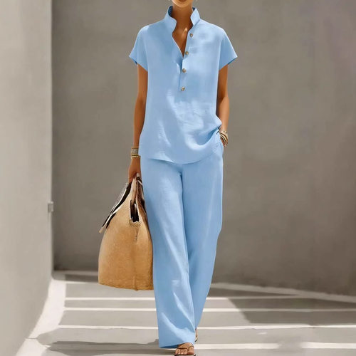 纯色短袖上衣宽松长裤套装Short sleeved top loose pants set