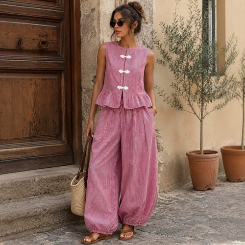 Buckle top and lace up lantern pants set盘扣上衣灯笼裤套装