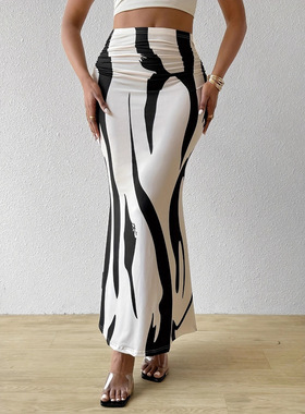 Zebra striped high waisted fish tail skirt斑马纹高腰鱼尾裙