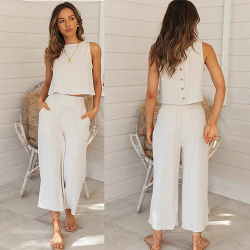 纽扣无袖上衣纯色长裤套装 Button top solid color pants set