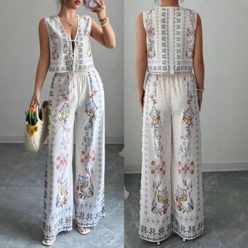 系带印花马甲宽松长裤套装Lace printed vest loose pants set
