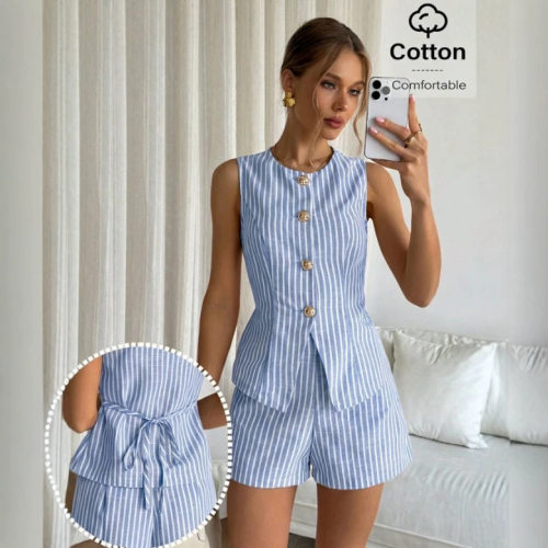 Striped short single breasted vest set条纹短裤单排扣马甲套装