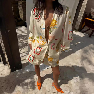 套装 Printed shorts 衬衫 set shirt 短裤 sleeved 印花长袖 long