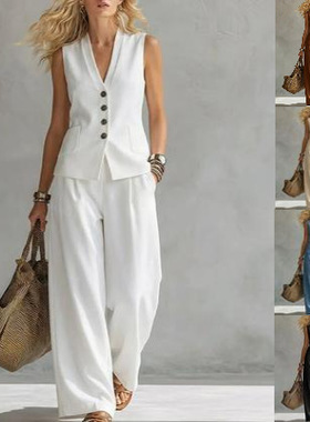纽扣无袖马甲长裤套装 Buttonless sleeveless vest pants set